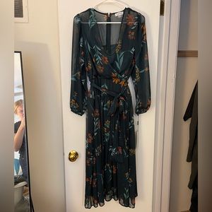 Brand new 2022 Calvin Klein dress, size 12. Green, midi, sheer, faux-wrap.